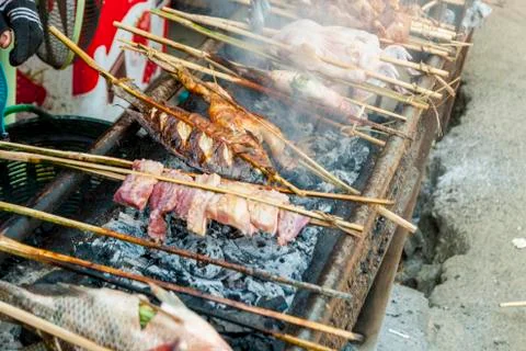 Meat on the bbq, close up Stock Photos