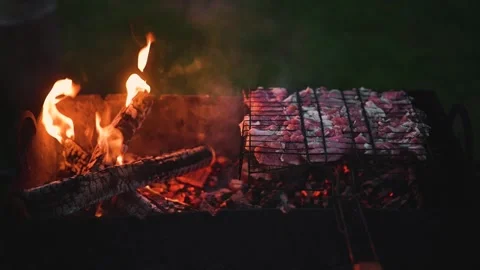 Meat is being cooked on a grill over an open flame, with visible flames and Stock Footage 345874778