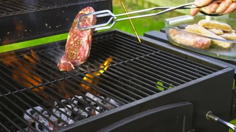 Meat Being Placed and Cooked on a Barbecue Vidéo 336196130