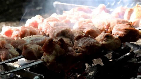 Meat being roasted over hot coals Stock Footage 77861115