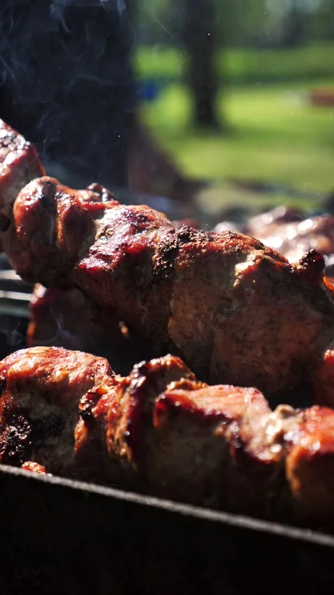 Meat being seared on a hot grill with flames and coals. Grilled Meat Stock Footage 334736027