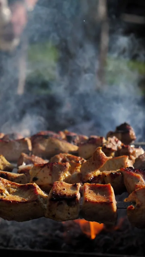 Meat being seared on a hot grill with flames and coals. Grilled Meat Stock Footage 335643543