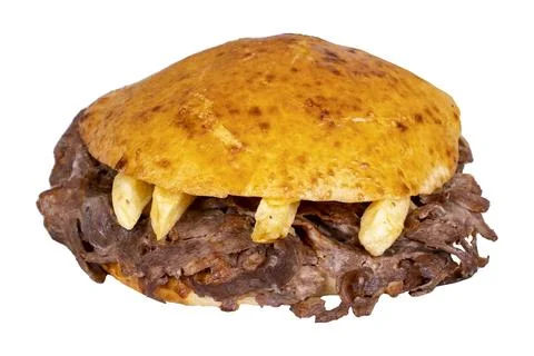 Meat between bread rolls. Meat doner in fat bread isolated on white backgroun Stock Photos