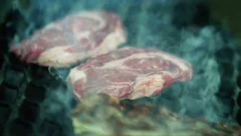 Meat Black Angus Chef Putting on Barbeque Grate Stock Footage 156892337