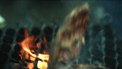 Meat Black Angus Grilling on Bbq Fire Close-up Stock Footage 156893965