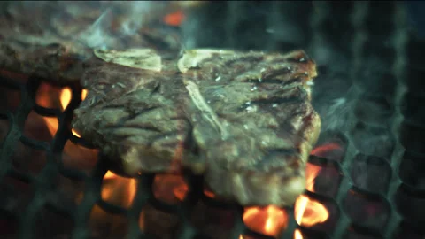 Meat Black Angus Salt Chef on Bbq Grill Close-up Stock Footage 156891982