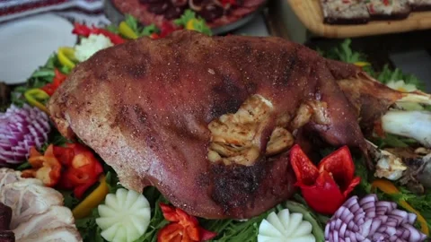 Meat at a buffet.  Juicy meat. Stock Footage 167604655