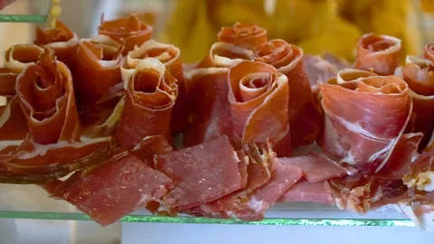 Meat buffet table at the party. Ham and a lot of meat on a buffet Video stock 120261685