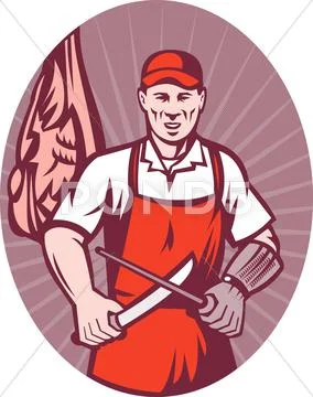 Meat butcher with knife and sharpener Stock Illustration