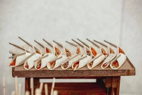 Meat canapes on a tray Stock Photos