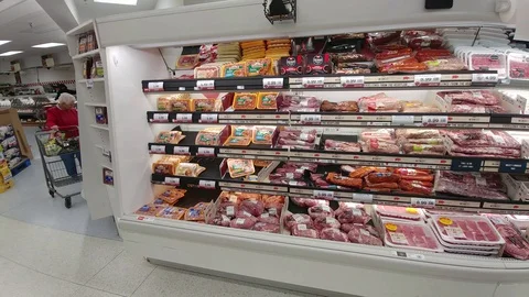 Meat Case - Full - Grocery Store - Chicken, Pork, Turkey Stock Footage 129712746