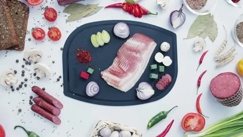 Meat with chopped vegetables on plastic cutting board Stock Footage 231721807