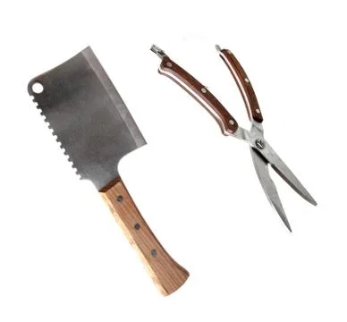 Meat cleaver and kitchen scissors isolated on white background Stock Photos