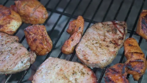 Meat in close up on a charcoal grill 2 00000000 Stock Footage 141318741