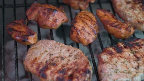 Meat in close up on a charcoal grill 4 00000000 Stock Footage 141318746