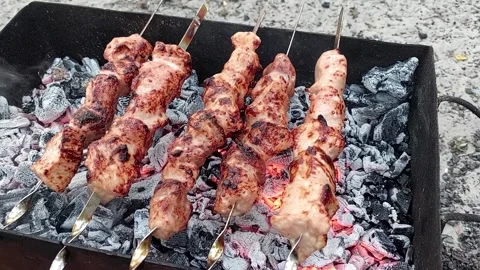 Meat on the coals. Process of cooking pork kebabs on skewers outdoors Stock Footage 201237503
