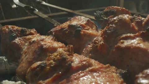 Meat coocked on coals, BBQ Stock Footage 138213608