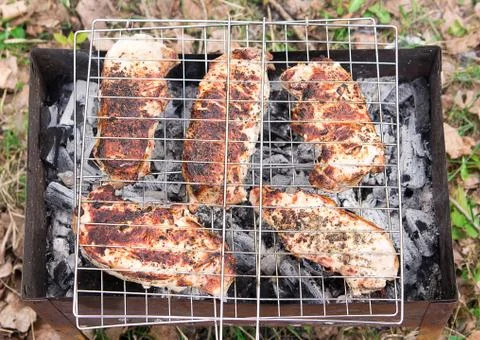 Meat is cooked on the grill. Close-up. Stock Photos