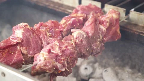 Meat is cooked on an open fire on the street. kebab. Stock Footage 131712228