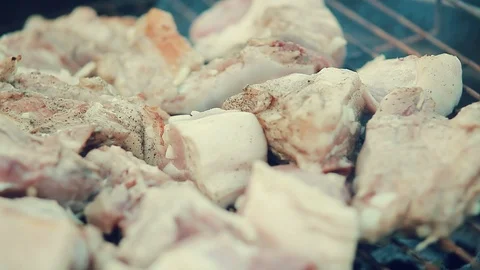 Meat is cooked on a round grill, pork, veal, lamb, barbecue in the country Stock Footage 94564653