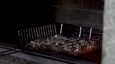 Meat is cooked on a wire rack by the fire 4K Video stock 160054370