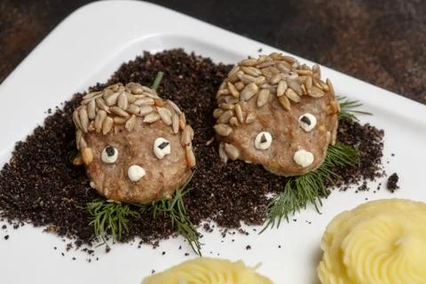 Meat cutlets in hedgehog shape and mashed potato. Kids menu Stock Photos