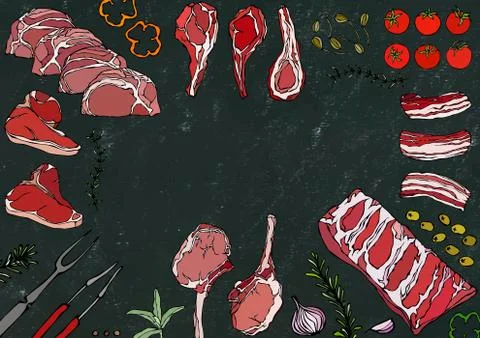 Meat Cuts Assortment - Beef, Pork, Lamb, Steak, Boneless Rump, Ribs Roast, Lo Stock Illustration