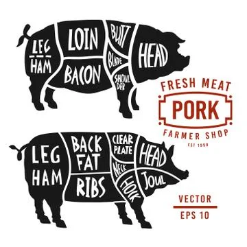 Meat cuts of pork. Vector pig silhouette isolated on white background. Vintag Stock Illustration
