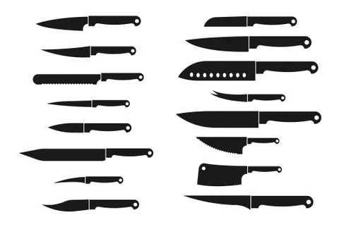 Meat cutting knives set. Kitchen metal knife isolated vector silhouettes Stock Illustration