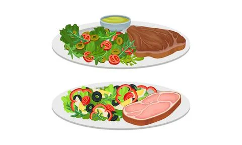 Meat Dish with Beef Steak and Green Salad Served on Plate Vector Set Illustrazione stock