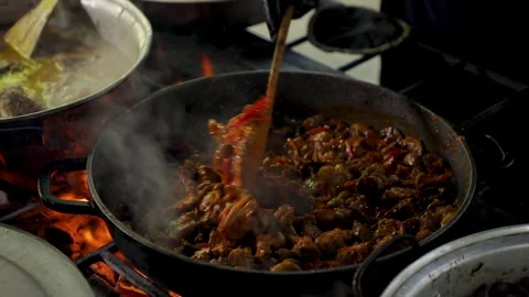 Meat Dish Cooked In A Pan On The Grill Stock Footage 296023977
