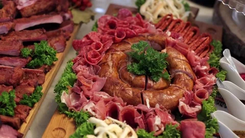 Meat dishes, buffet. Snacks for beer, meat products. Festive snacks Stock Footage 301425363