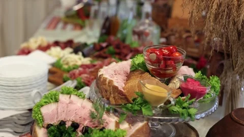 Meat dishes, buffet. Snacks for beer, meat products. Festive snacks Stock Footage 301425365