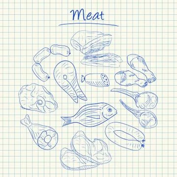 Meat doodles - squared paper Stock Illustration