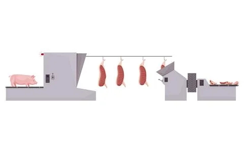 Meat factory processing plant. Flat composition with factory kitchen equipment Stock Illustration