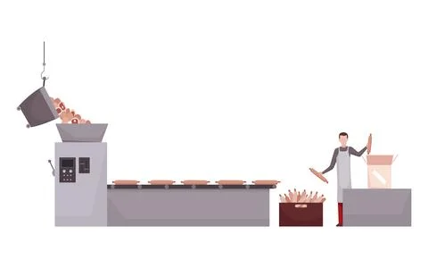 Meat factory processing plant. Flat composition with factory kitchen equipment Stock Illustration