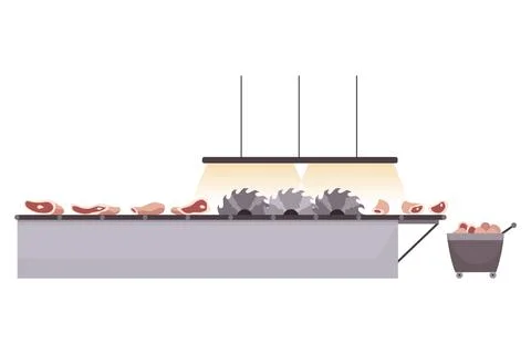 Meat factory processing plant. Flat composition with factory kitchen equipment Stock Illustration