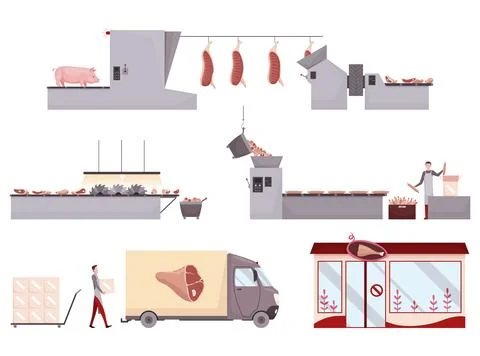 Meat factory processing plant. Flat composition with factory kitchen equipment Stock Illustration