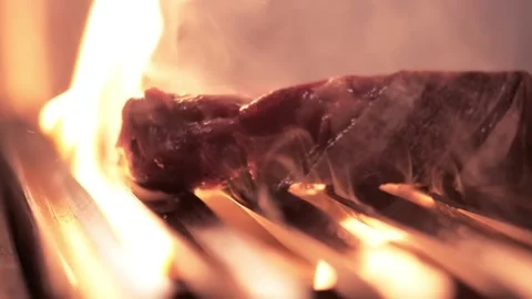Meat falls on the grill in slow motion. Beef steak on fire 스톡 동영상 156361563