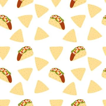 Meat filled Taco and Triangular Nacho Seamless Pattern. Traditional Mexican Food Stock Illustration