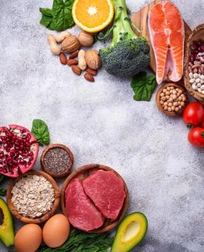 Meat, fish, legumes, nuts and vegetables. Stock Photos