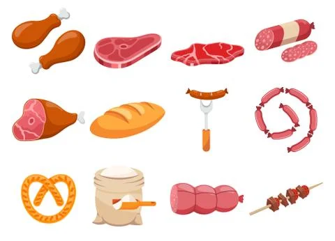 Meat flour and bread flat icons set vector Stock Illustration