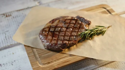Meat food : roast beef fillet mignon served on plate Stock Footage