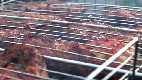 Meat is fried on a bbq in the garden Stock Footage 131502407