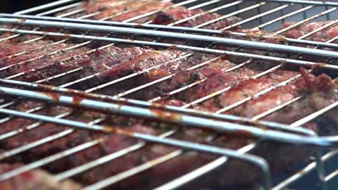 Meat is fried on a bbq in the garden Stock Footage 131502409