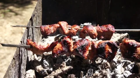 Meat is fried on coals Stock Footage 90263253