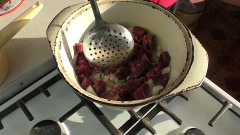 Meat is fried in a deep frying pan. healthy food concept Stock Footage 197060290