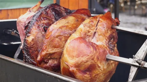 Meat fried on a rotating grill. Stock Footage 106111329