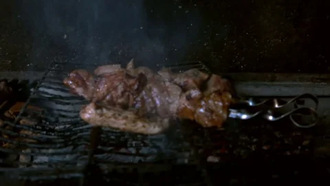 Meat is fried on skewers Video stock 80043381