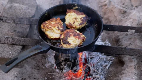 Meat Frying on Campfire Stock Footage 293268798